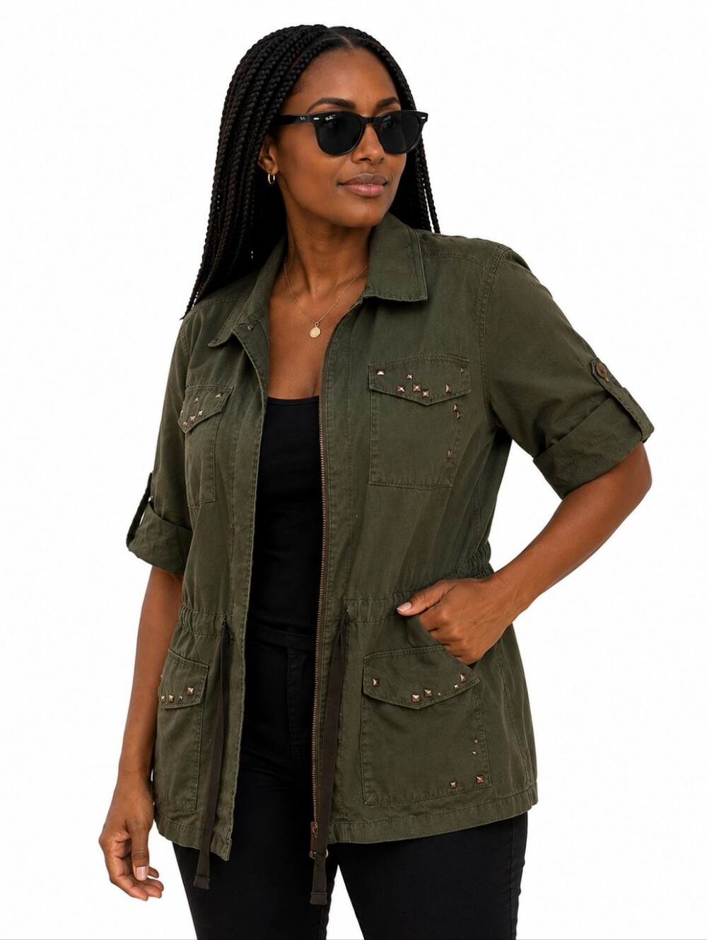 Calvin Klein Women’s Studded Full Zip 3/4 Roll Sleeve Military Jacket Indie
